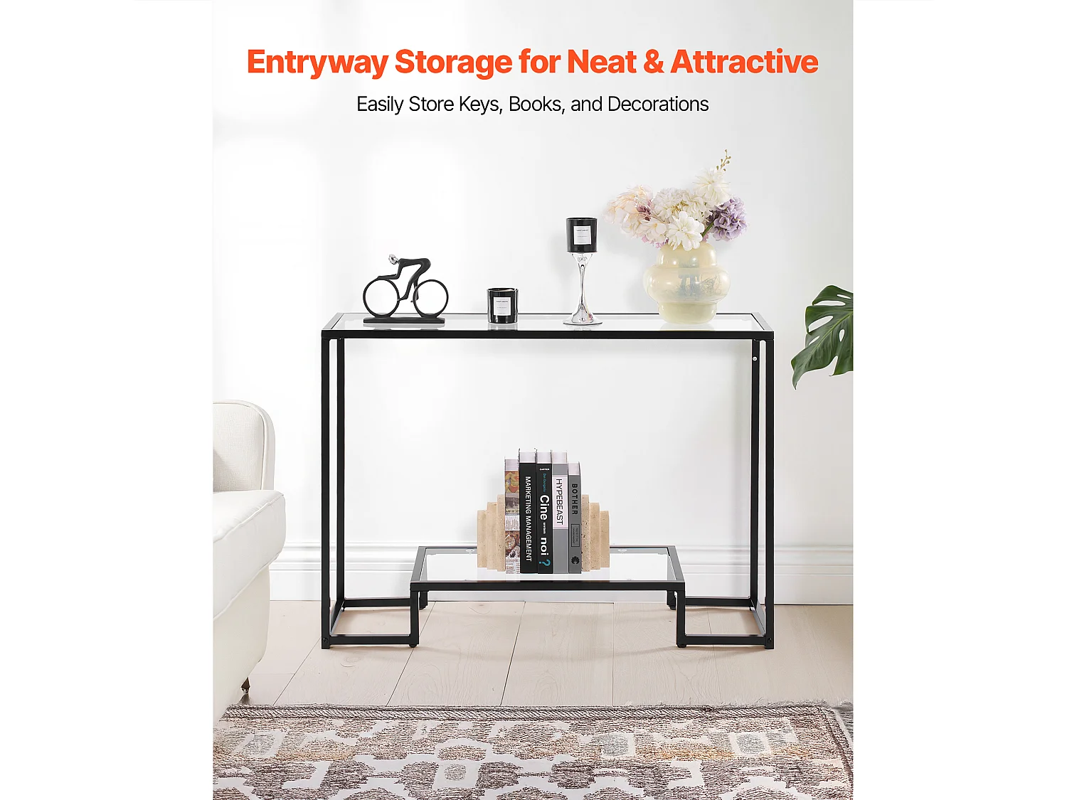 Table Console en Verre SucceBuy 2 Niveaux, Rectangulaire Moderne, Bout de Canapé avec Plateau en Verre Trempé, Pieds en Fer et Dispositif Anti-basculement, Noir