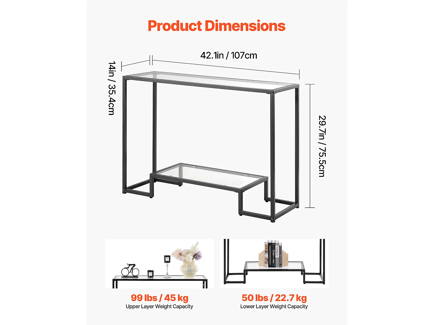 Table Console en Verre SucceBuy 2 Niveaux, Rectangulaire Moderne, Bout de Canapé avec Plateau en Verre Trempé, Pieds en Fer et Dispositif Anti-basculement, Noir