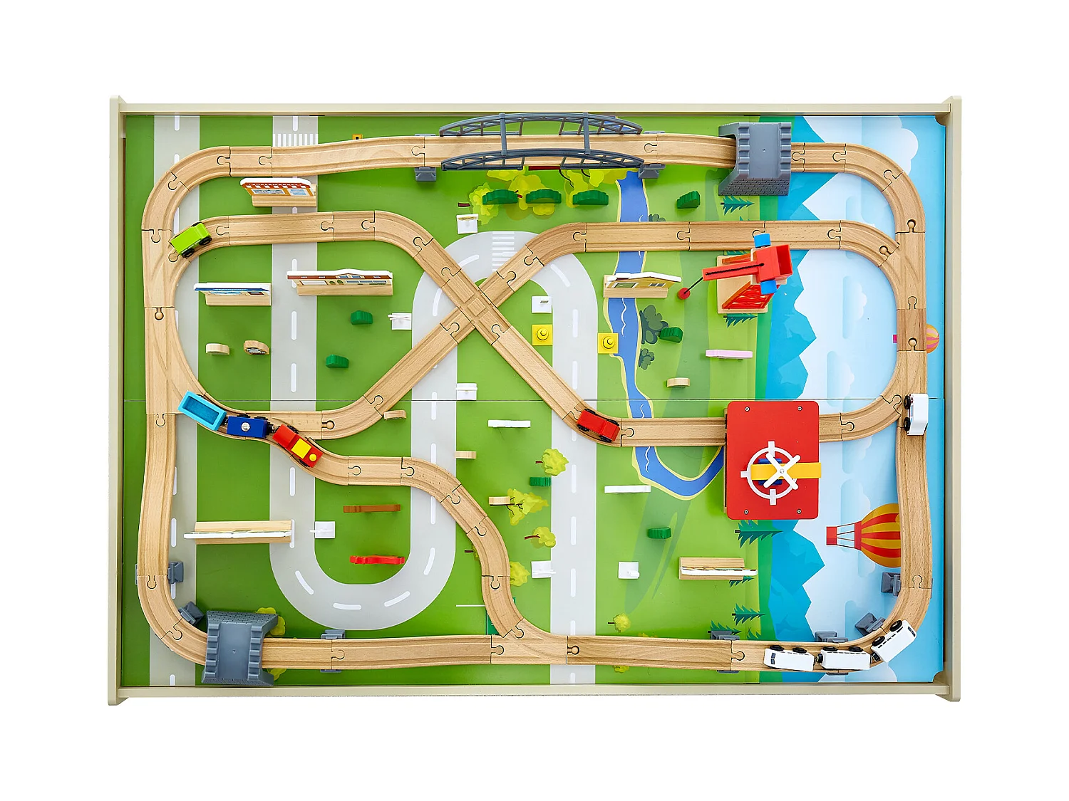 Table Circuit Train Bois SucceBuy, 120 PCS, avec Rail de Train, Table d'Activités 3 en 1 Double Face pour Jouer, Jouets Créatifs pour Enfants 3 Ans et Plus