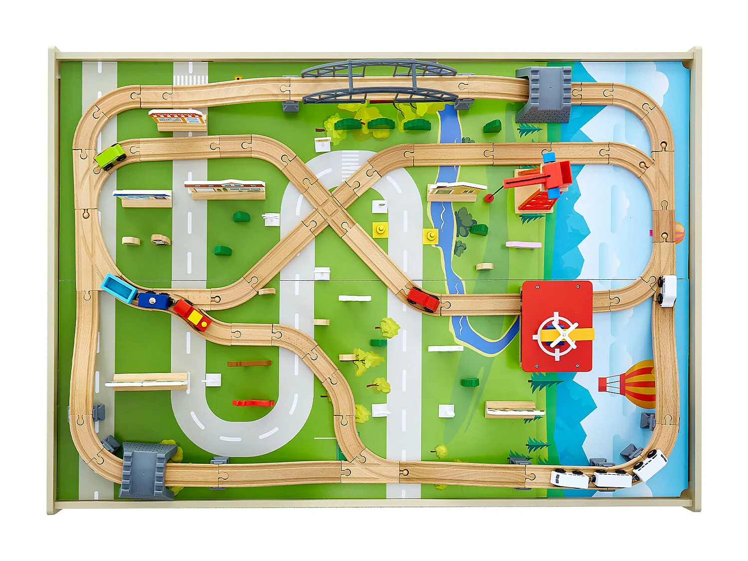 Table Circuit Train Bois SucceBuy, 120 PCS, avec Rail de Train, Table d'Activités 3 en 1 Double Face pour Jouer, Jouets Créatifs pour Enfants 3 Ans et Plus