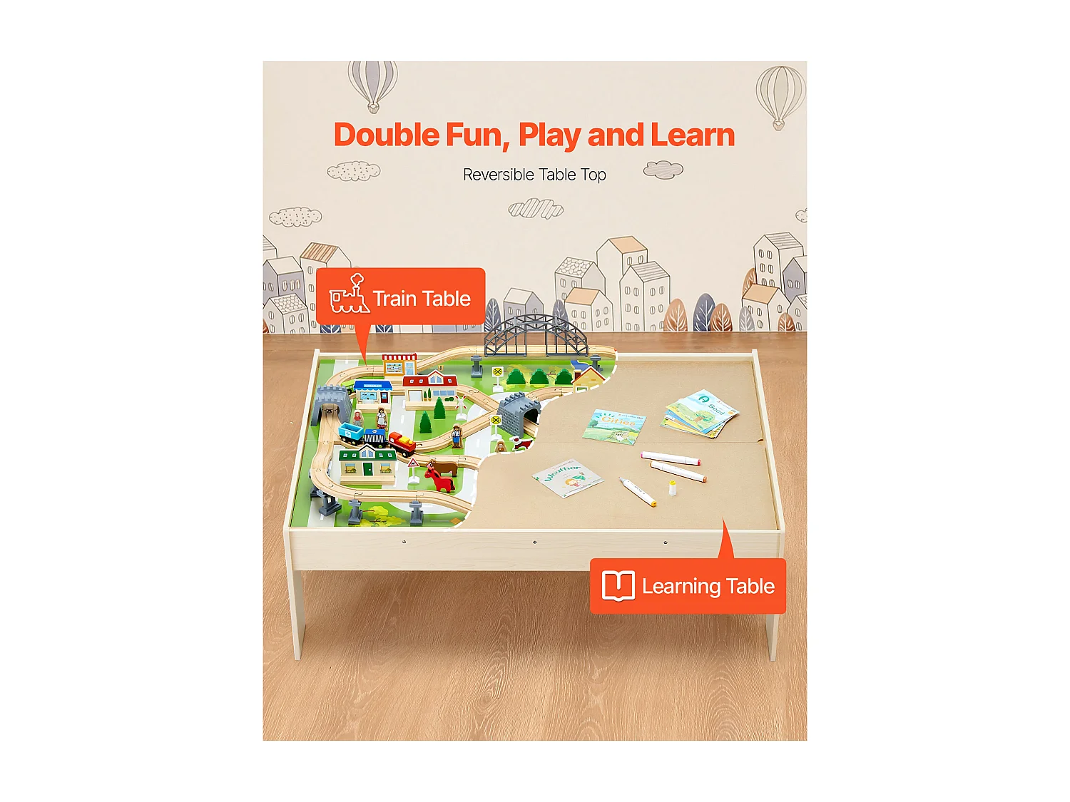 Table Circuit Train Bois SucceBuy, 120 PCS, avec Rail de Train, Table d'Activités 3 en 1 Double Face pour Jouer, Jouets Créatifs pour Enfants 3 Ans et Plus