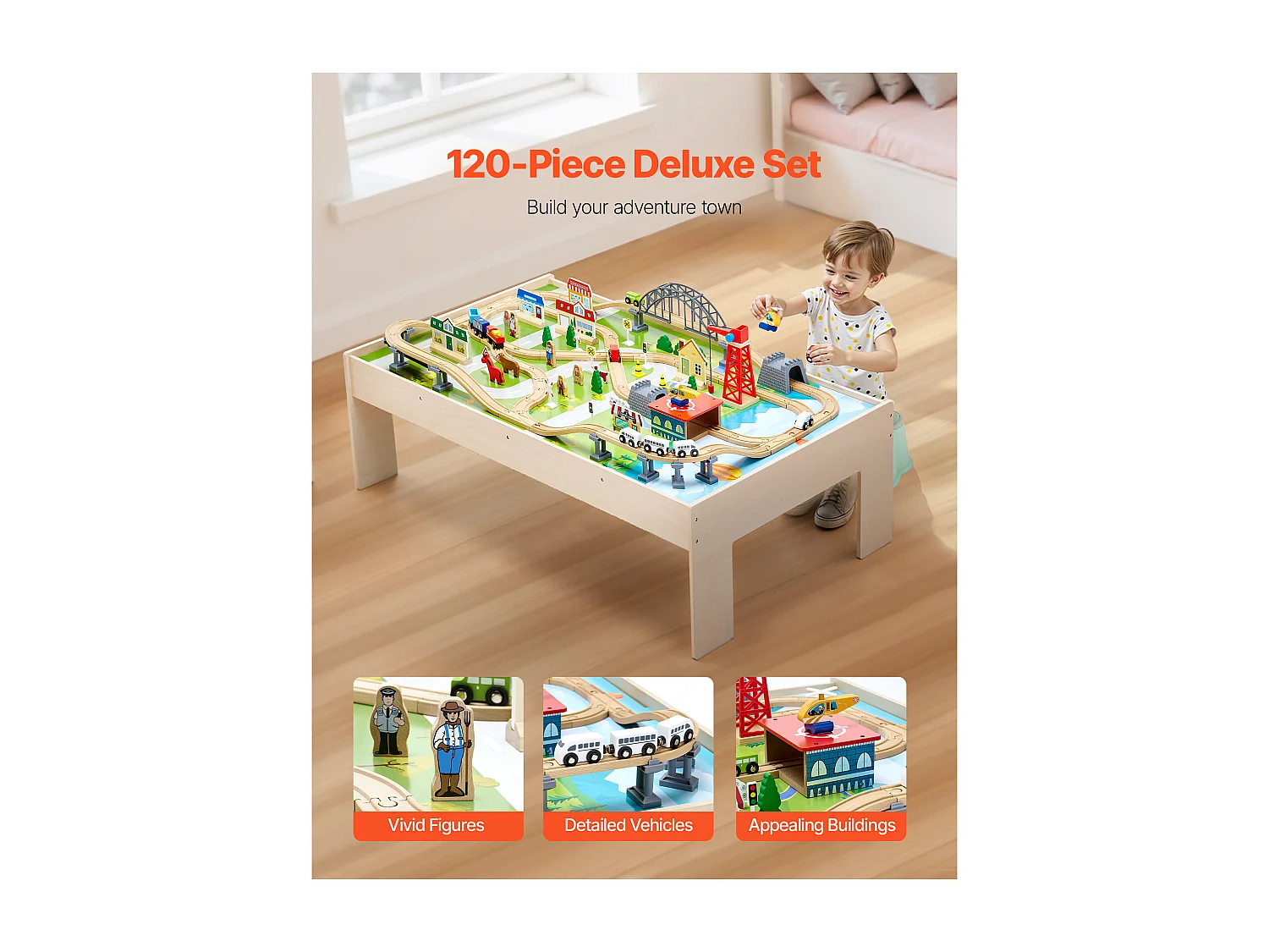 Table Circuit Train Bois SucceBuy, 120 PCS, avec Rail de Train, Table d'Activités 3 en 1 Double Face pour Jouer, Jouets Créatifs pour Enfants 3 Ans et Plus