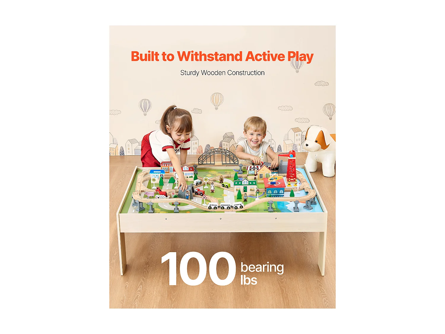 Table Circuit Train Bois SucceBuy, 120 PCS, avec Rail de Train, Table d'Activités 3 en 1 Double Face pour Jouer, Jouets Créatifs pour Enfants 3 Ans et Plus