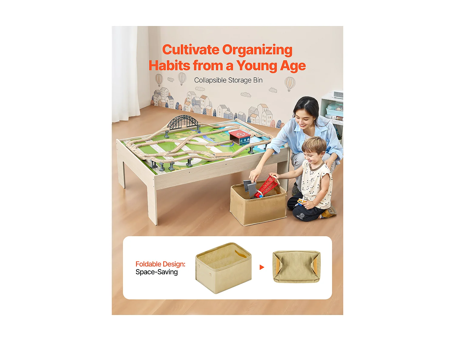 Table Circuit Train Bois SucceBuy, 120 PCS, avec Rail de Train, Table d'Activités 3 en 1 Double Face pour Jouer, Jouets Créatifs pour Enfants 3 Ans et Plus