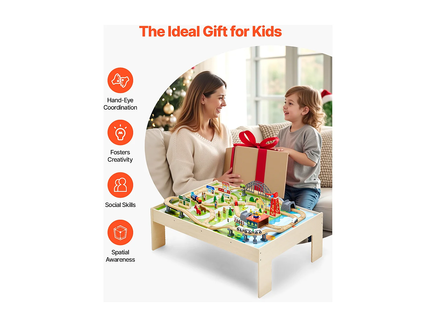 Table Circuit Train Bois SucceBuy, 120 PCS, avec Rail de Train, Table d'Activités 3 en 1 Double Face pour Jouer, Jouets Créatifs pour Enfants 3 Ans et Plus