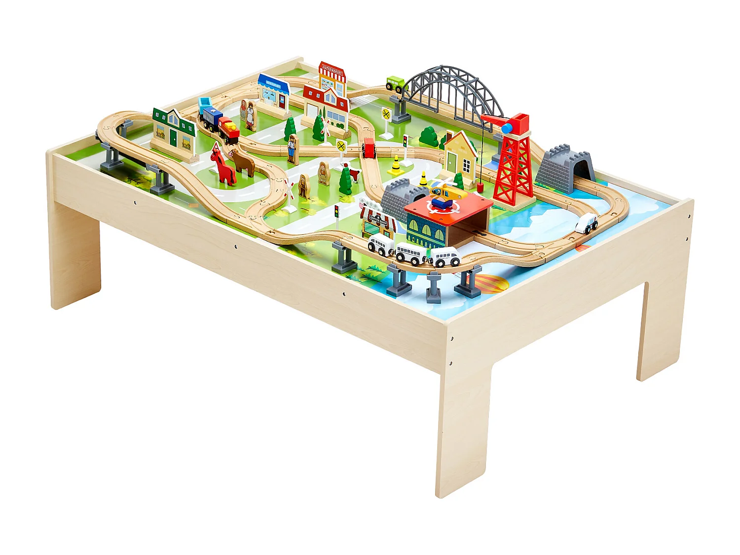 Table Circuit Train Bois SucceBuy, 120 PCS, avec Rail de Train, Table d'Activités 3 en 1 Double Face pour Jouer, Jouets Créatifs pour Enfants 3 Ans et Plus