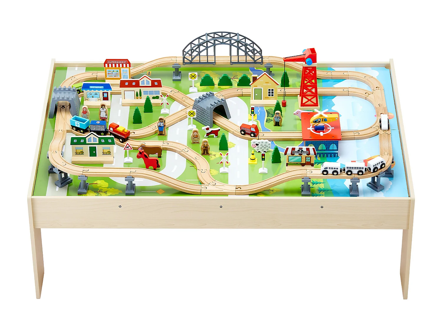 Table Circuit Train Bois SucceBuy, 120 PCS, avec Rail de Train, Table d'Activités 3 en 1 Double Face pour Jouer, Jouets Créatifs pour Enfants 3 Ans et Plus