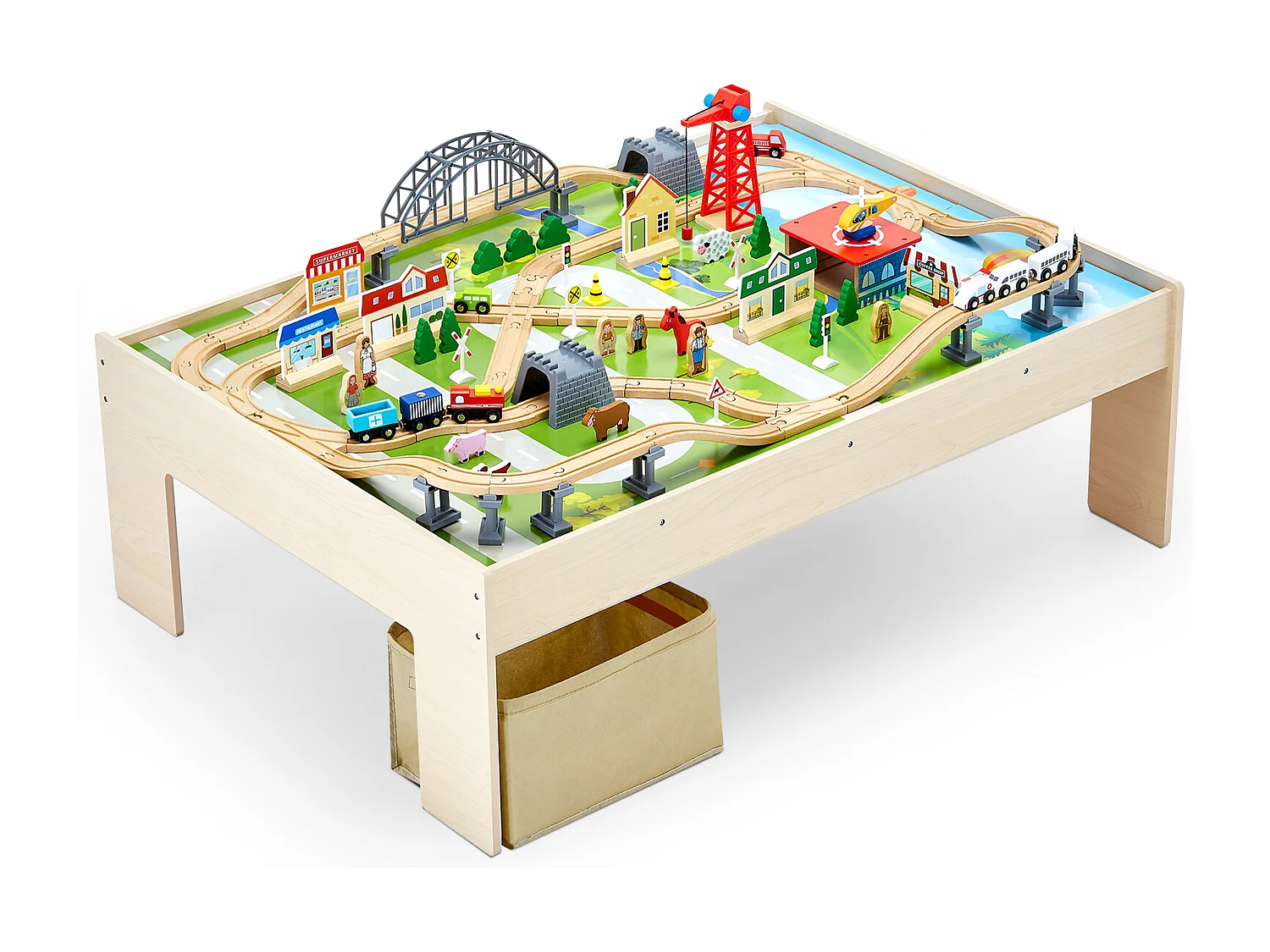 Table Circuit Train Bois SucceBuy, 120 PCS, avec Rail de Train, Table d'Activités 3 en 1 Double Face pour Jouer, Jouets Créatifs pour Enfants 3 Ans et Plus