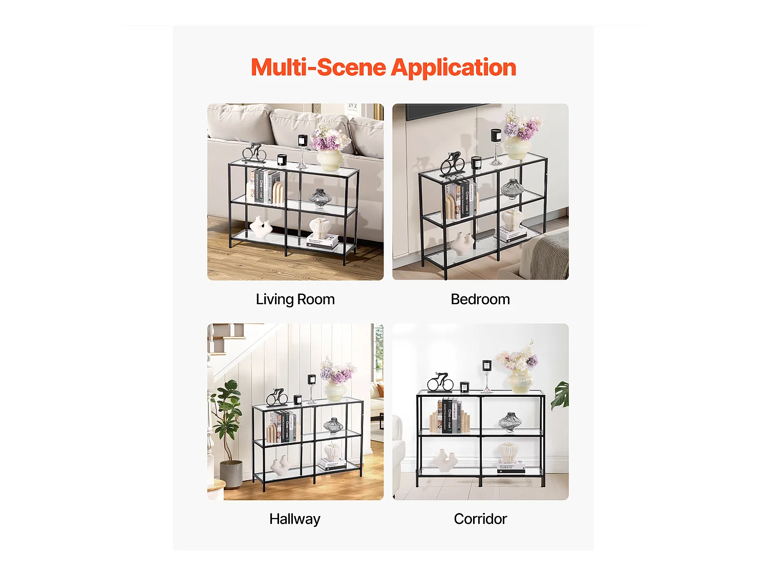 Table Console en Verre SucceBuy 3 Niveaux, Rectangulaire Moderne, Bout de Canapé avec Plateau en Verre Trempé, Pieds en Fer et Dispositif Anti-basculement, Noir