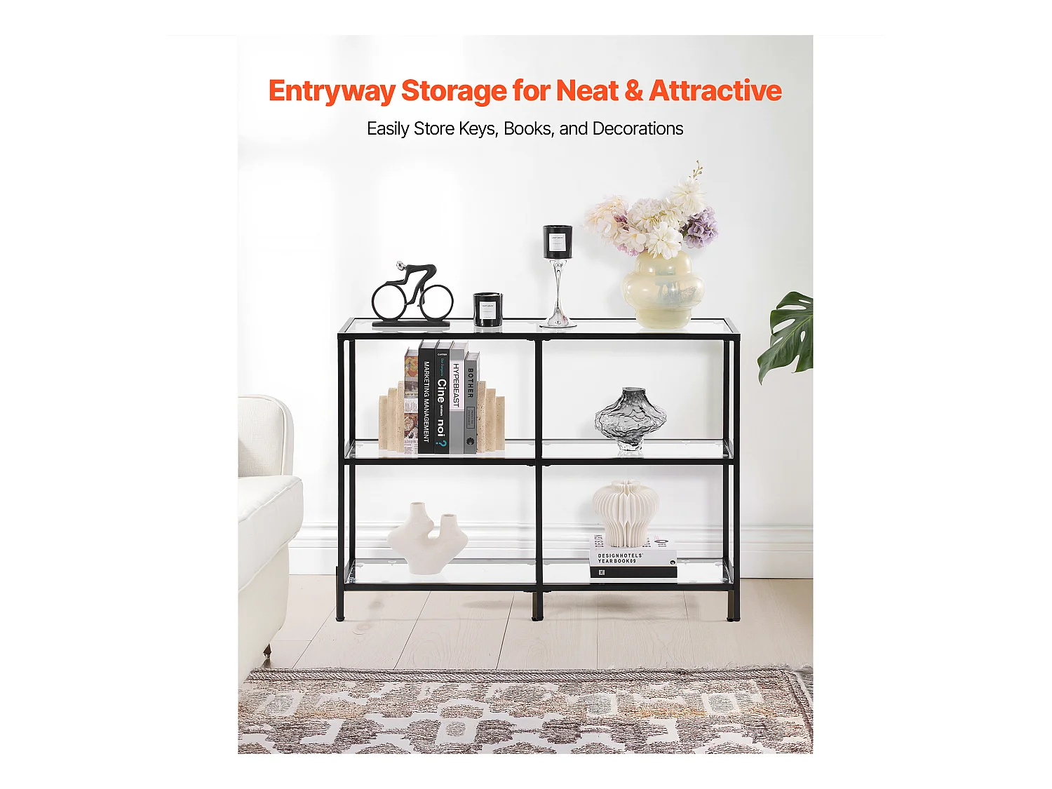 Table Console en Verre SucceBuy 3 Niveaux, Rectangulaire Moderne, Bout de Canapé avec Plateau en Verre Trempé, Pieds en Fer et Dispositif Anti-basculement, Noir