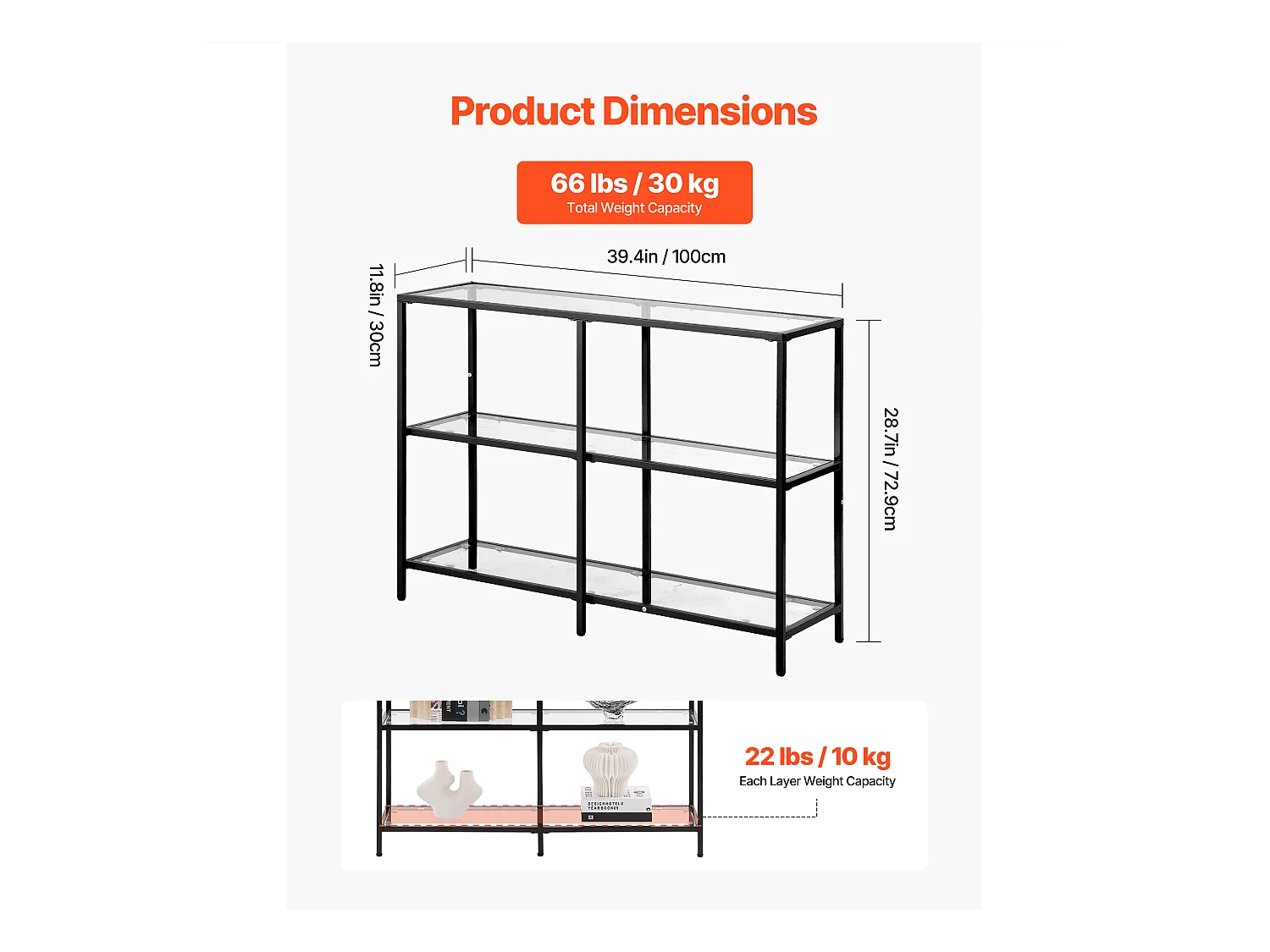 Table Console en Verre SucceBuy 3 Niveaux, Rectangulaire Moderne, Bout de Canapé avec Plateau en Verre Trempé, Pieds en Fer et Dispositif Anti-basculement, Noir