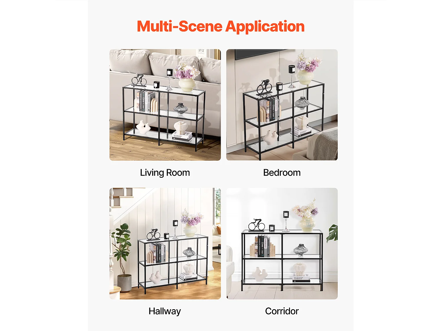 Tavolino da Salotto in Vetro SucceBuy a 3 Livelli, Tavolino da Divano con Piano in Vetro Temperato, Gambe in Ferro e Dispositivo Anti-ribaltamento, Nero