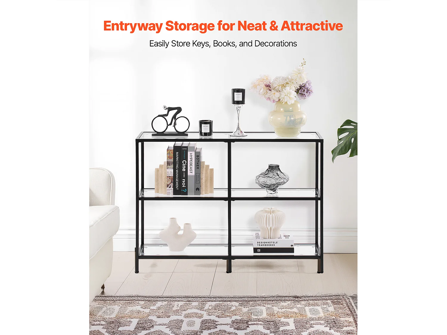 Tavolino da Salotto in Vetro SucceBuy a 3 Livelli, Tavolino da Divano con Piano in Vetro Temperato, Gambe in Ferro e Dispositivo Anti-ribaltamento, Nero