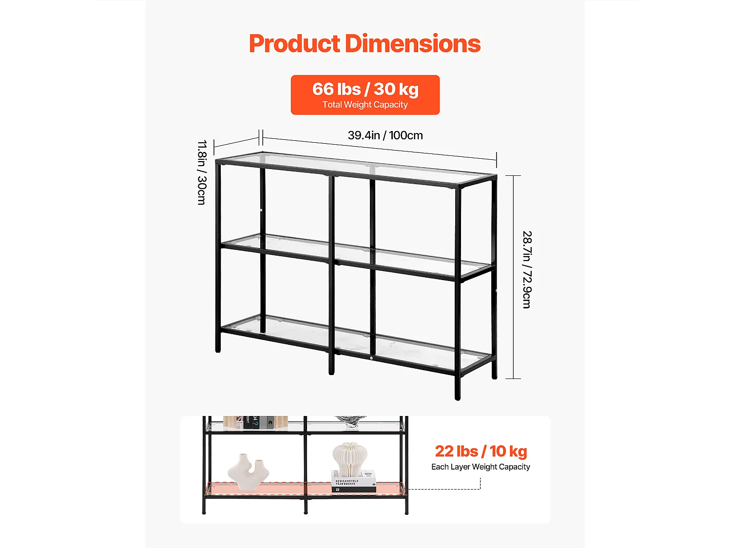Tavolino da Salotto in Vetro SucceBuy a 3 Livelli, Tavolino da Divano con Piano in Vetro Temperato, Gambe in Ferro e Dispositivo Anti-ribaltamento, Nero