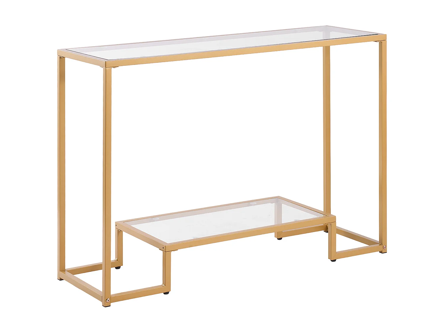 Stolik Konsolowy SucceBuy z 2 Poziomami, Stolik do Kanapy z Blatem ze Szkła Hartowanego, Żelaznymi Nogami i Zabezpieczeniem Przed Przewróceniem, Złoty