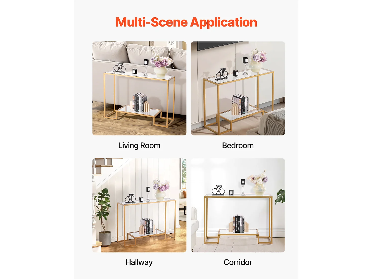 Stolik Konsolowy SucceBuy z 2 Poziomami, Stolik do Kanapy z Blatem ze Szkła Hartowanego, Żelaznymi Nogami i Zabezpieczeniem Przed Przewróceniem, Złoty