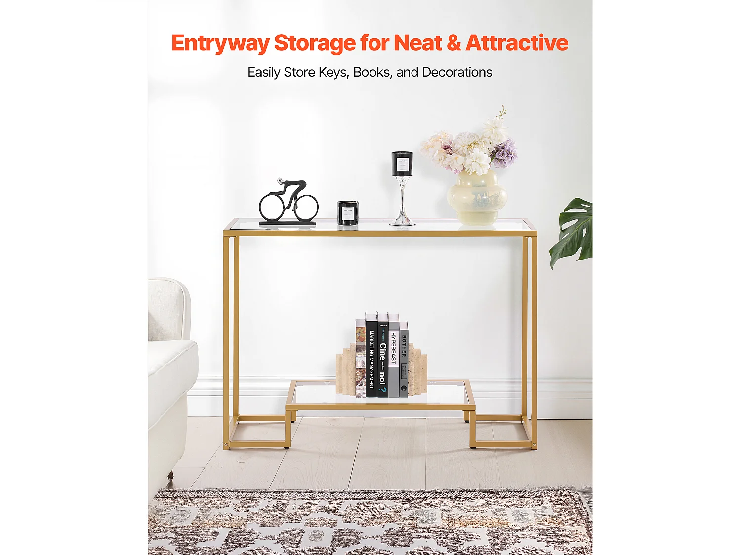 Stolik Konsolowy SucceBuy z 2 Poziomami, Stolik do Kanapy z Blatem ze Szkła Hartowanego, Żelaznymi Nogami i Zabezpieczeniem Przed Przewróceniem, Złoty