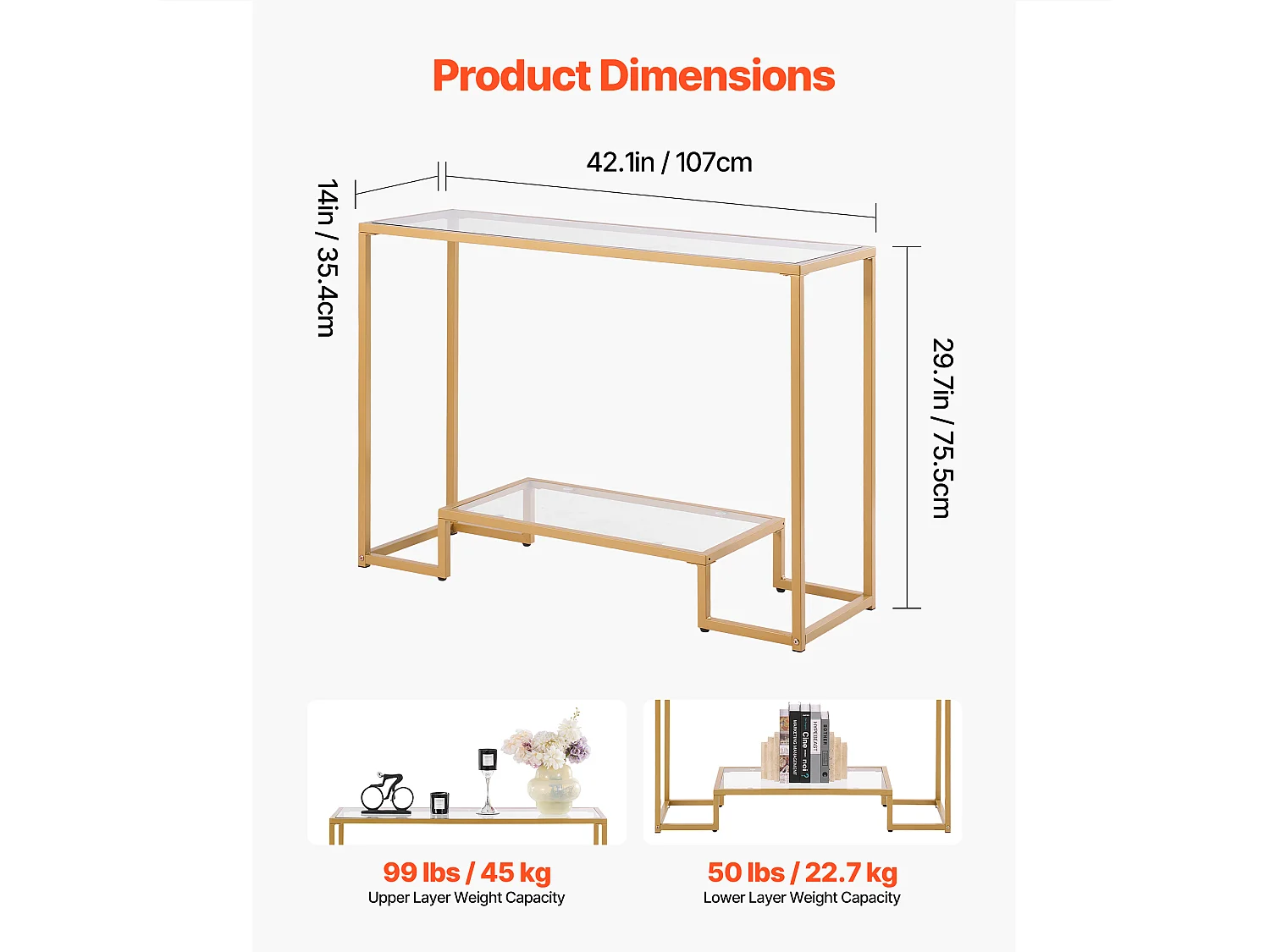 Stolik Konsolowy SucceBuy z 2 Poziomami, Stolik do Kanapy z Blatem ze Szkła Hartowanego, Żelaznymi Nogami i Zabezpieczeniem Przed Przewróceniem, Złoty
