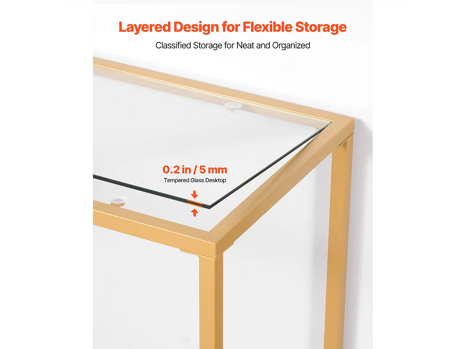 Stolik Konsolowy SucceBuy z 2 Poziomami, Stolik do Kanapy z Blatem ze Szkła Hartowanego, Żelaznymi Nogami i Zabezpieczeniem Przed Przewróceniem, Złoty