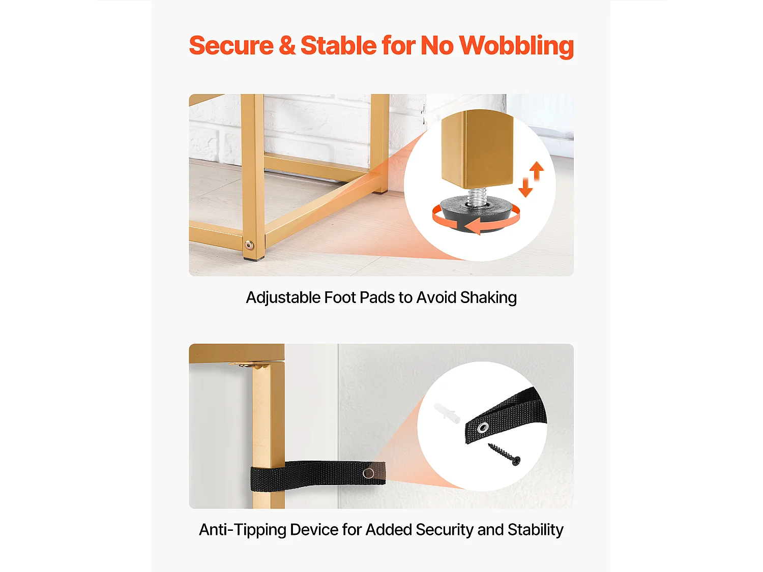 Stolik Konsolowy SucceBuy z 2 Poziomami, Stolik do Kanapy z Blatem ze Szkła Hartowanego, Żelaznymi Nogami i Zabezpieczeniem Przed Przewróceniem, Złoty