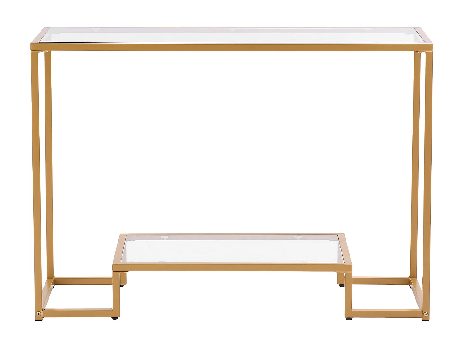 Stolik Konsolowy SucceBuy z 2 Poziomami, Stolik do Kanapy z Blatem ze Szkła Hartowanego, Żelaznymi Nogami i Zabezpieczeniem Przed Przewróceniem, Złoty