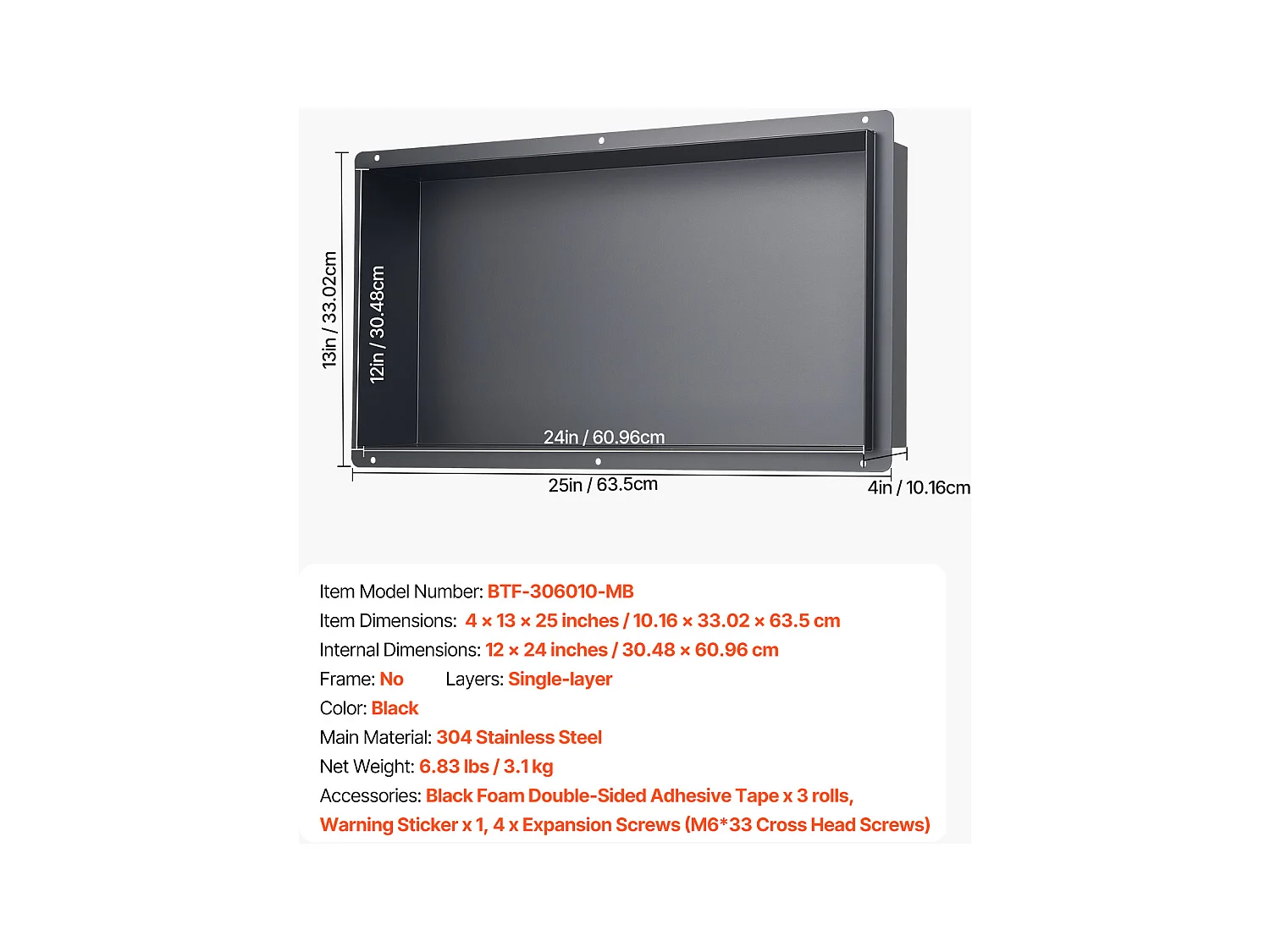 Niche Douche Encastrable SucceBuy,10,2x33x63,5 cm, Niche Murale Acier Inoxydable sans Cadre, Étagère Salle de Bain Étanche, Facile à Nettoyer, Noir