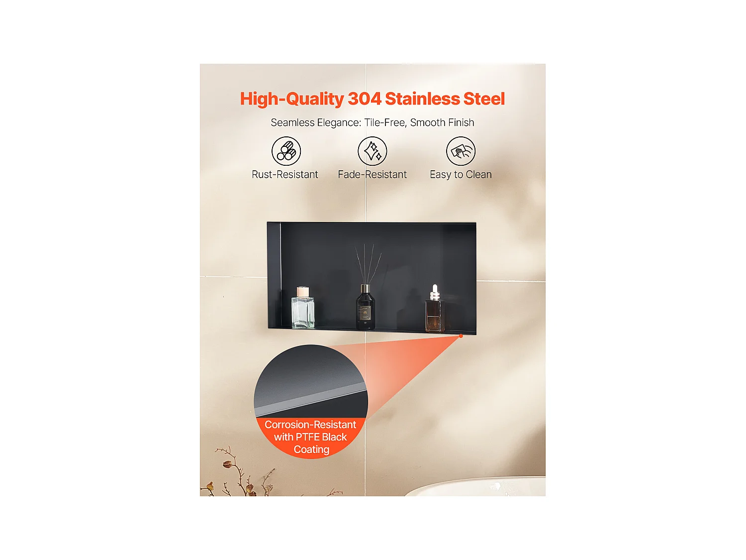 Niche Douche Encastrable SucceBuy,10,2x33x63,5 cm, Niche Murale Acier Inoxydable sans Cadre, Étagère Salle de Bain Étanche, Facile à Nettoyer, Noir