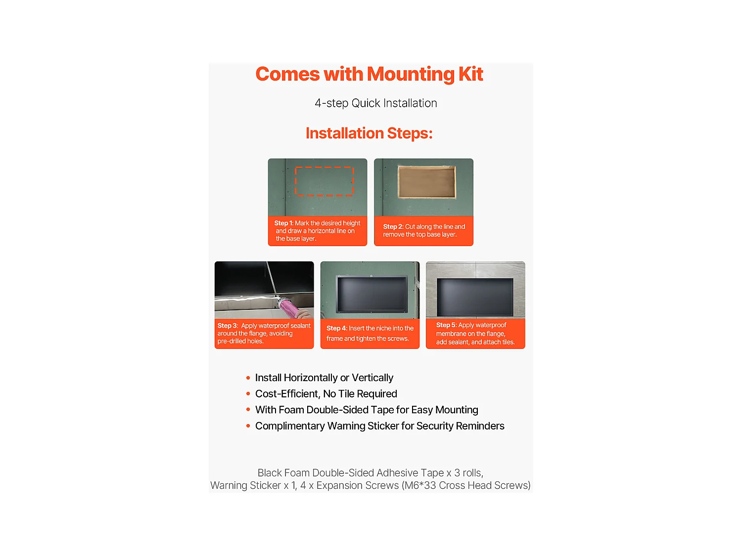 Niche Douche Encastrable SucceBuy,10,2x33x63,5 cm, Niche Murale Acier Inoxydable sans Cadre, Étagère Salle de Bain Étanche, Facile à Nettoyer, Noir