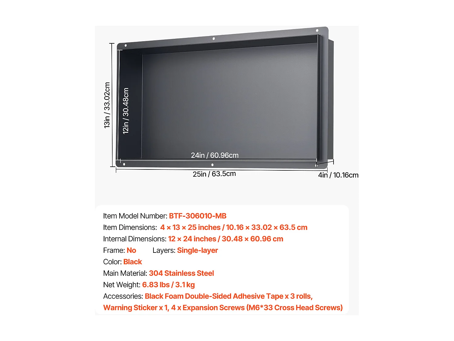 Niche Douche Encastrable SucceBuy,10,2x33x63,5 cm, Niche Murale Acier Inoxydable sans Cadre, Étagère Salle de Bain Étanche, Facile à Nettoyer, Noir