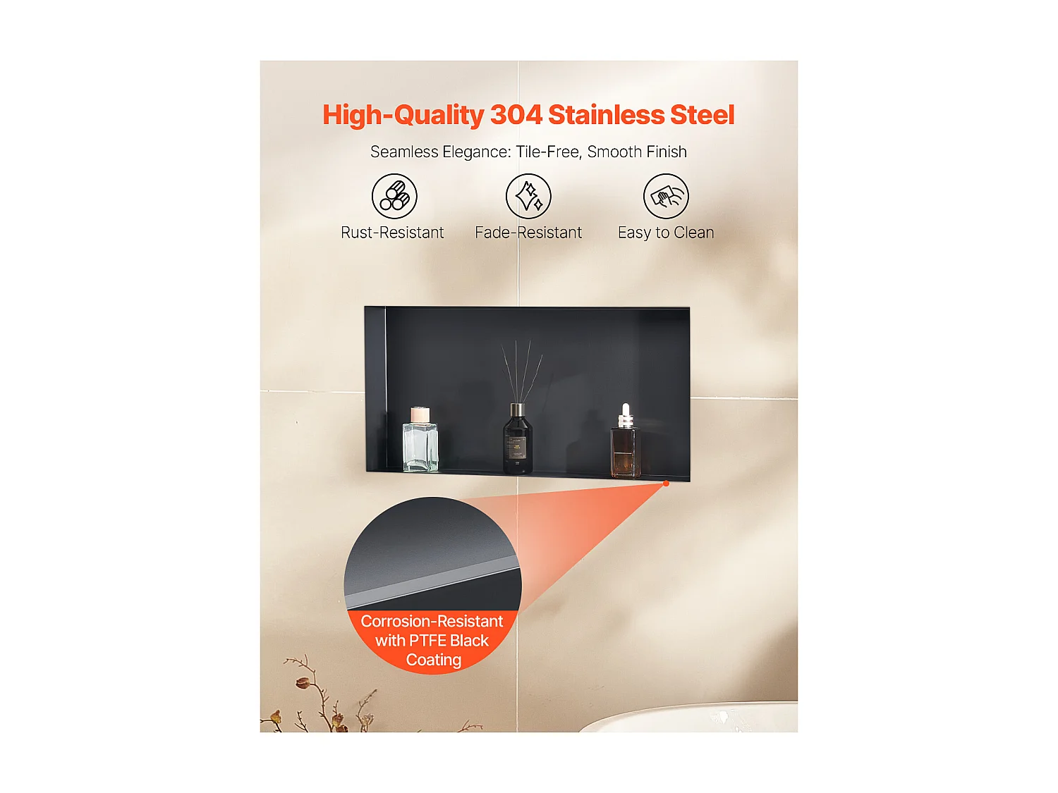 Niche Douche Encastrable SucceBuy,10,2x33x63,5 cm, Niche Murale Acier Inoxydable sans Cadre, Étagère Salle de Bain Étanche, Facile à Nettoyer, Noir