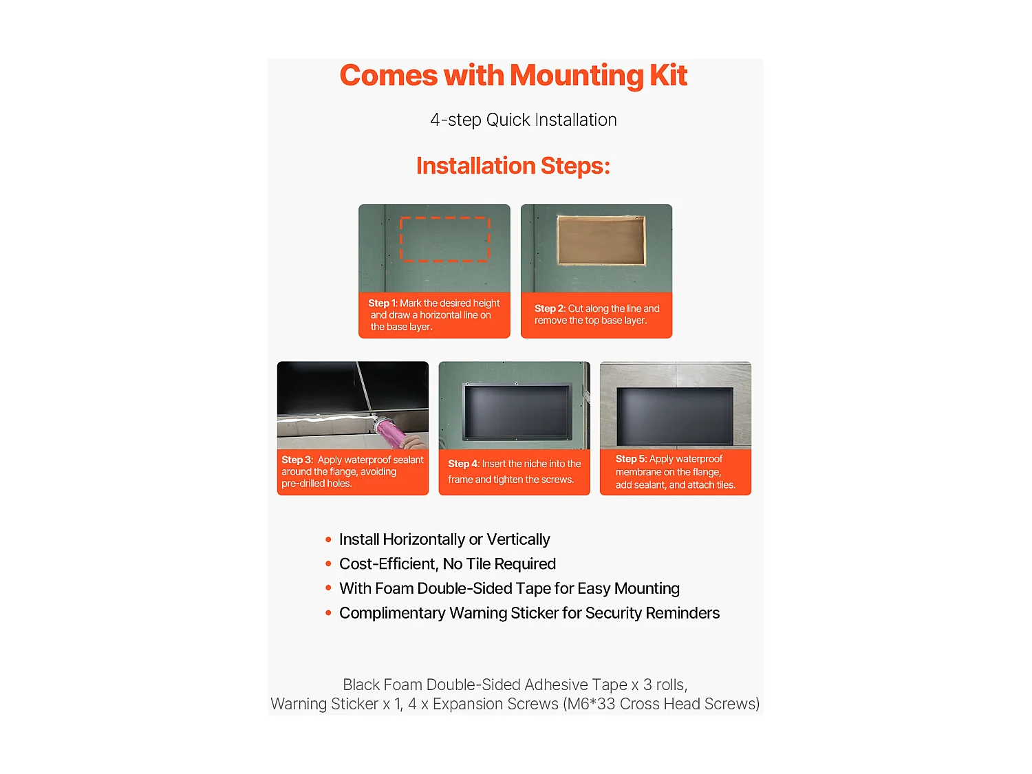 Niche Douche Encastrable SucceBuy,10,2x33x63,5 cm, Niche Murale Acier Inoxydable sans Cadre, Étagère Salle de Bain Étanche, Facile à Nettoyer, Noir