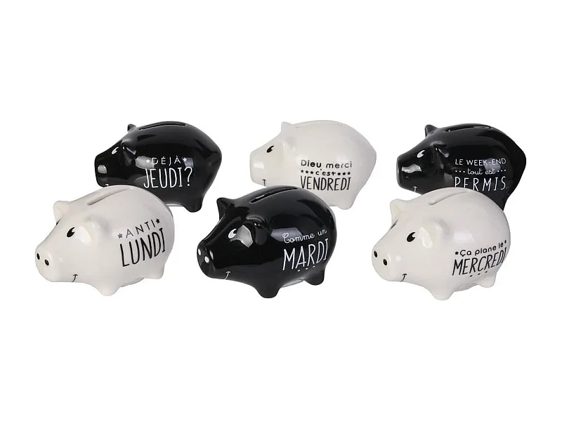 6 mini tirelires cochon semainier en céramique noire et blanche