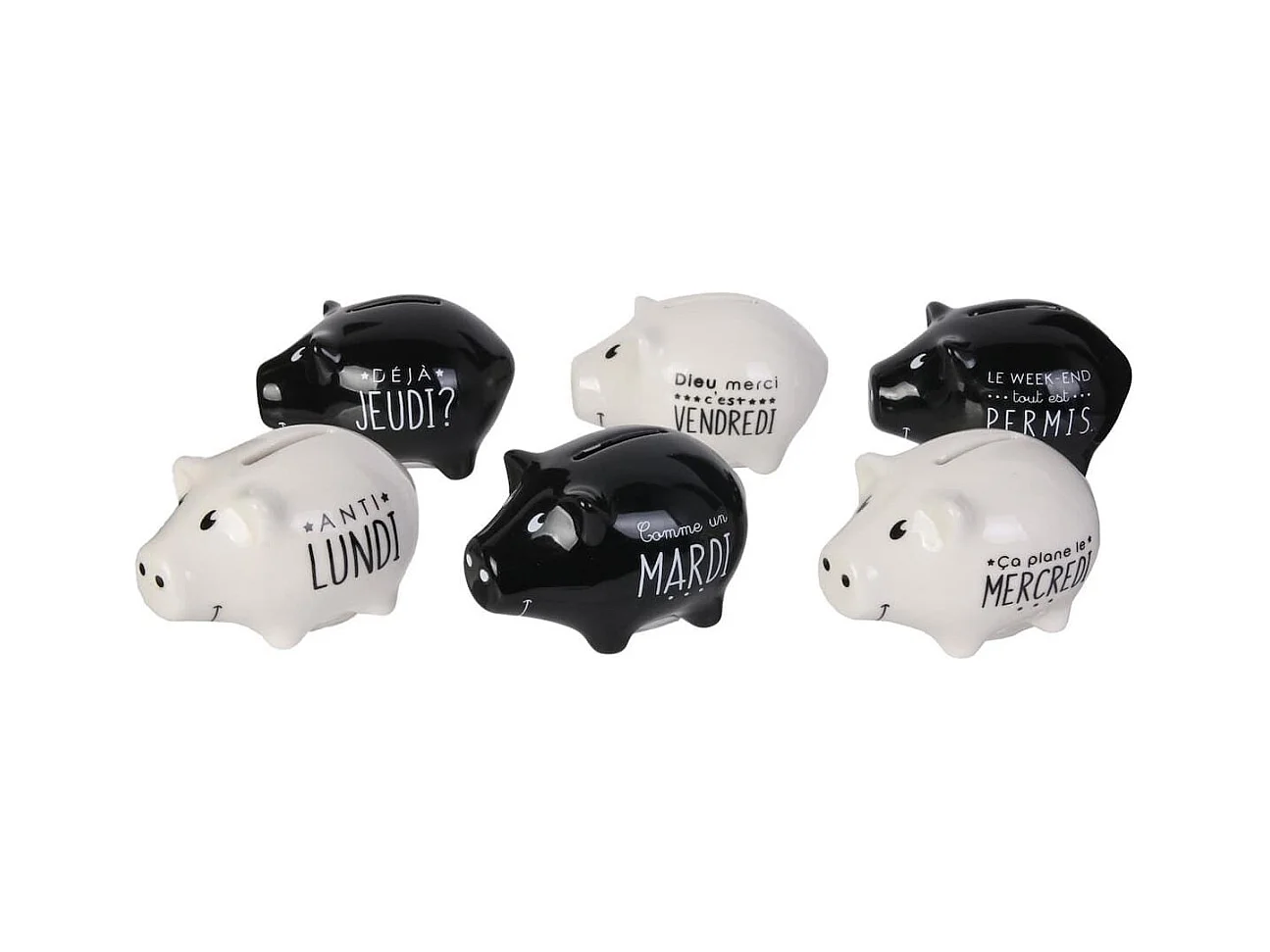 6 mini tirelires cochon semainier en céramique noire et blanche