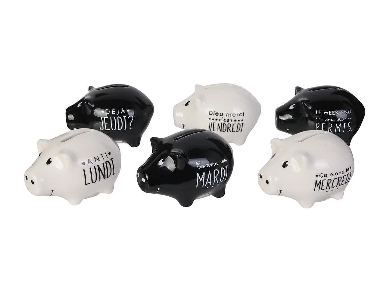 6 mini tirelires cochon semainier en céramique noire et blanche