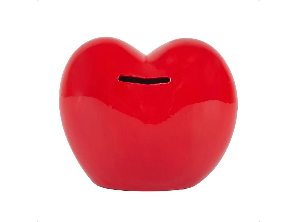 Tirelire cœur rouge style kawaii en céramique brillante