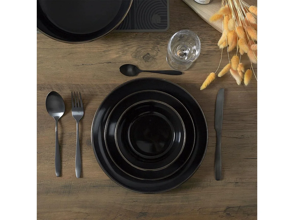 Set de 6 bols noires en céramique avec liseré doré (Ø14 cm) - EBENE