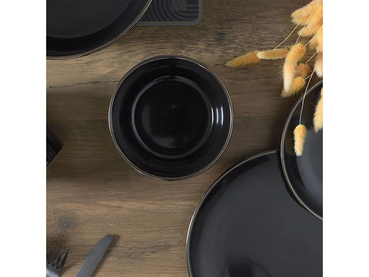 Set de 6 bols noires en céramique avec liseré doré (Ø14 cm) - EBENE
