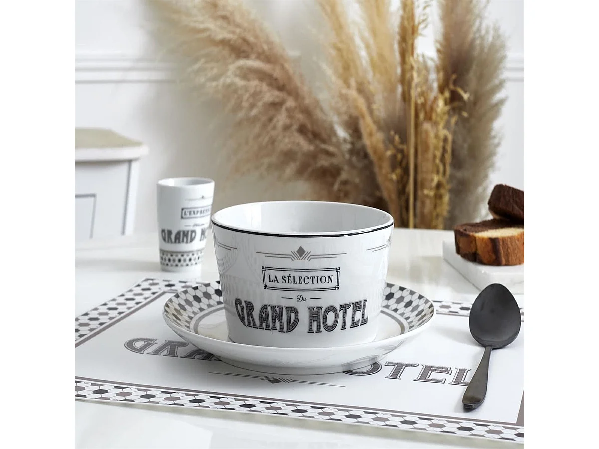 Set de 2 bols en céramique blanc et noir avec message "Grand Hotel" (Ø14 cm)