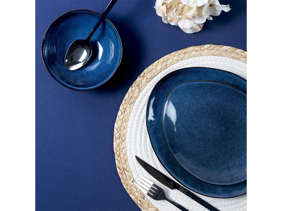 Set de 6 assiettes plates galet en céramique au grés du temps bleu (27.5x23cm) - GALET