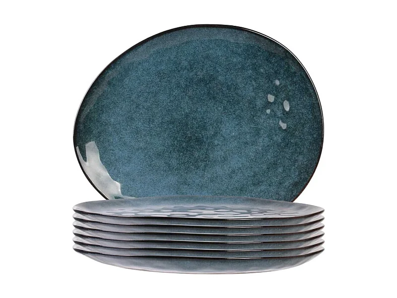 Set de 6 assiettes plates galet en céramique au grés du temps bleu (27.5x23cm) - GALET