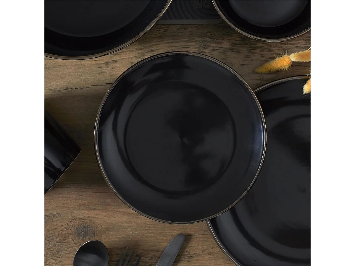 Set de 6 assiettes à dessert noires en céramique avec liseré doré (Ø20 cm) - EBENE
