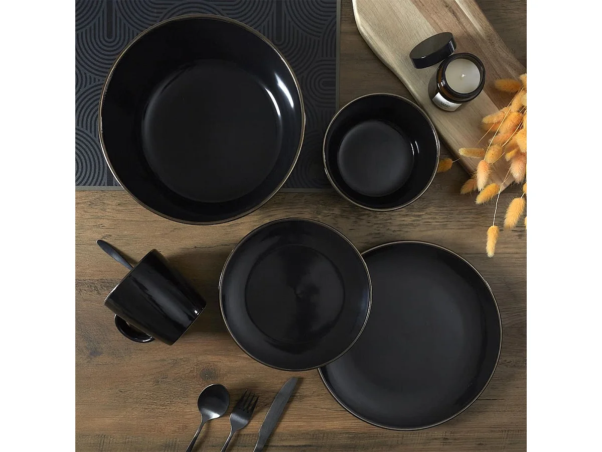 Set de 6 assiettes à dessert noires en céramique avec liseré doré (Ø20 cm) - EBENE