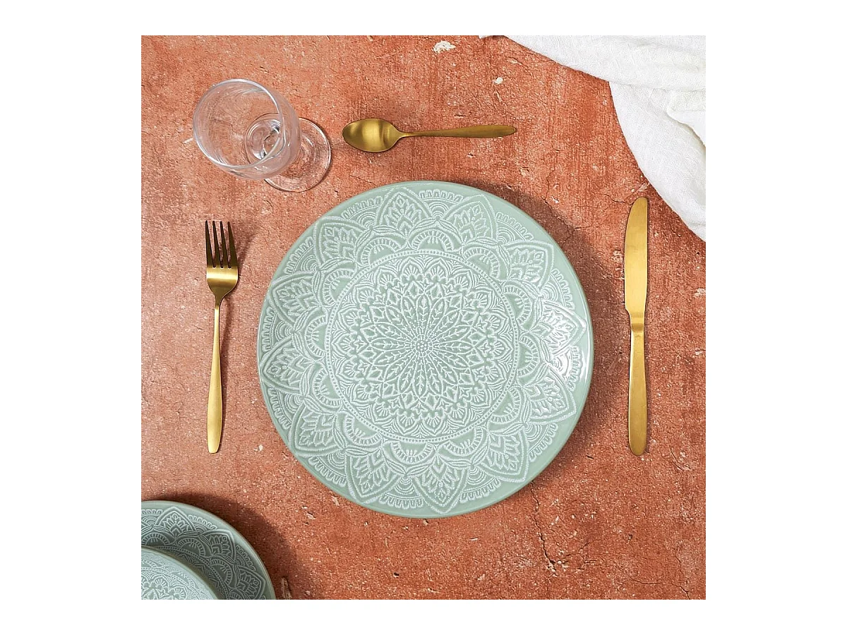 Set de 6 assiettes plates en céramique verte motif mandala (Ø27 cm) - AKKA