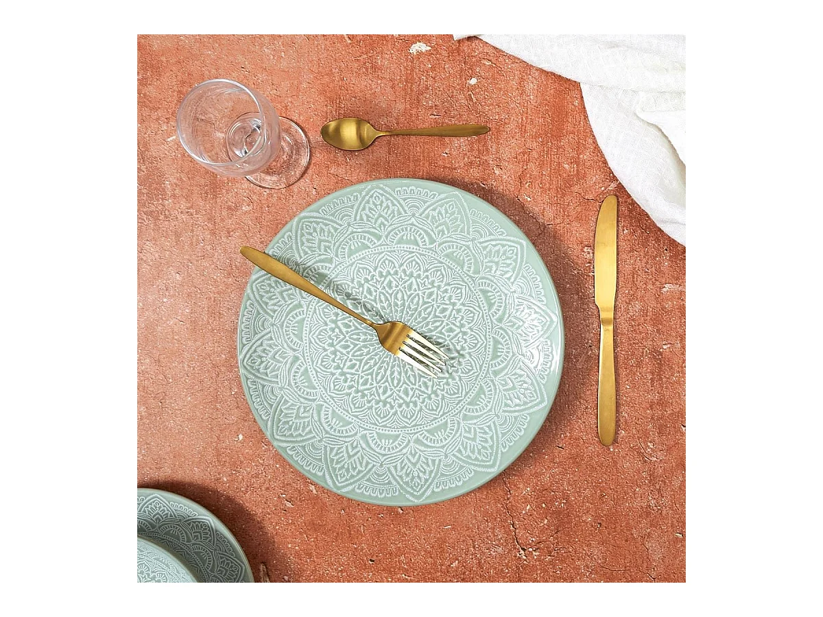 Set de 6 assiettes plates en céramique verte motif mandala (Ø27 cm) - AKKA