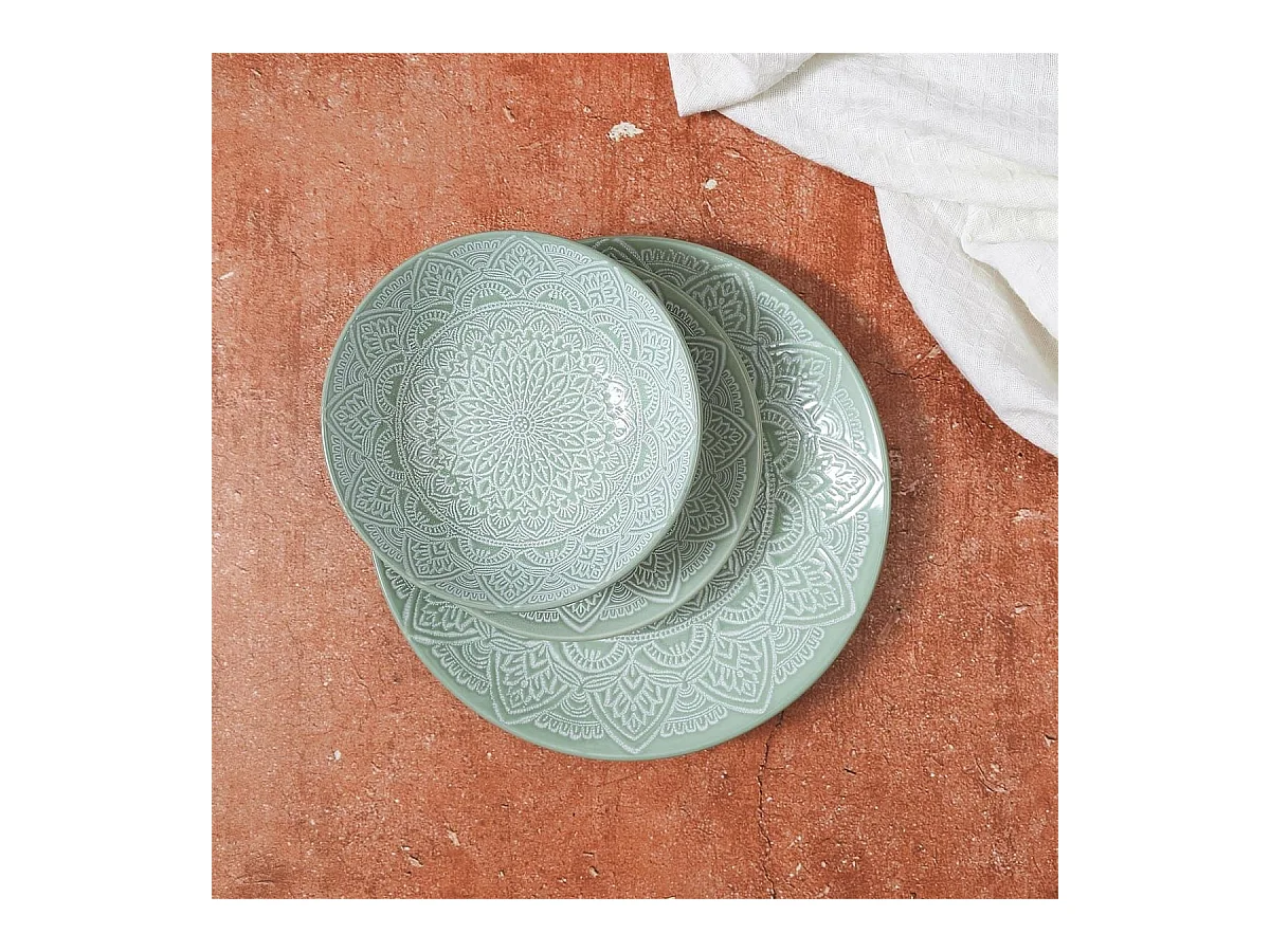 Set de 6 assiettes plates en céramique verte motif mandala (Ø27 cm) - AKKA