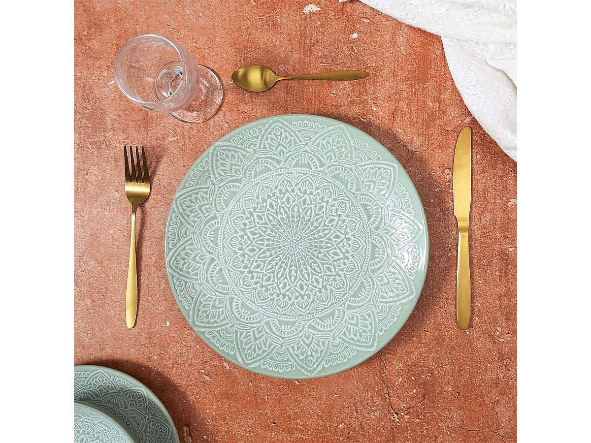 Set de 6 assiettes plates en céramique verte motif mandala (Ø27 cm) - AKKA