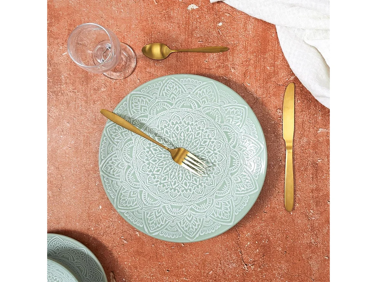 Set de 6 assiettes plates en céramique verte motif mandala (Ø27 cm) - AKKA