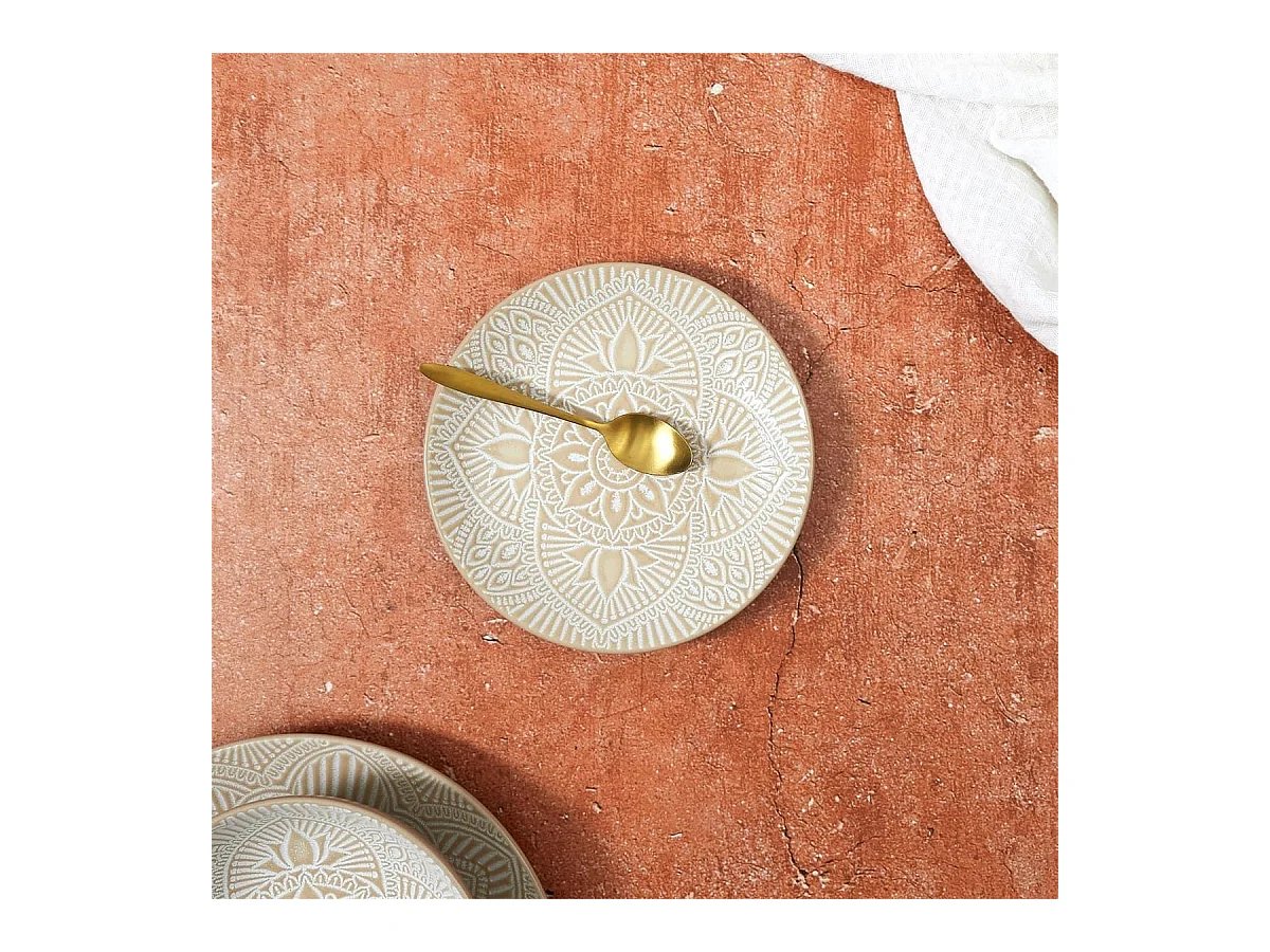 Set de 6 assiettes à dessert en céramique beige motif mandala (Ø19,5 cm) - AKKA