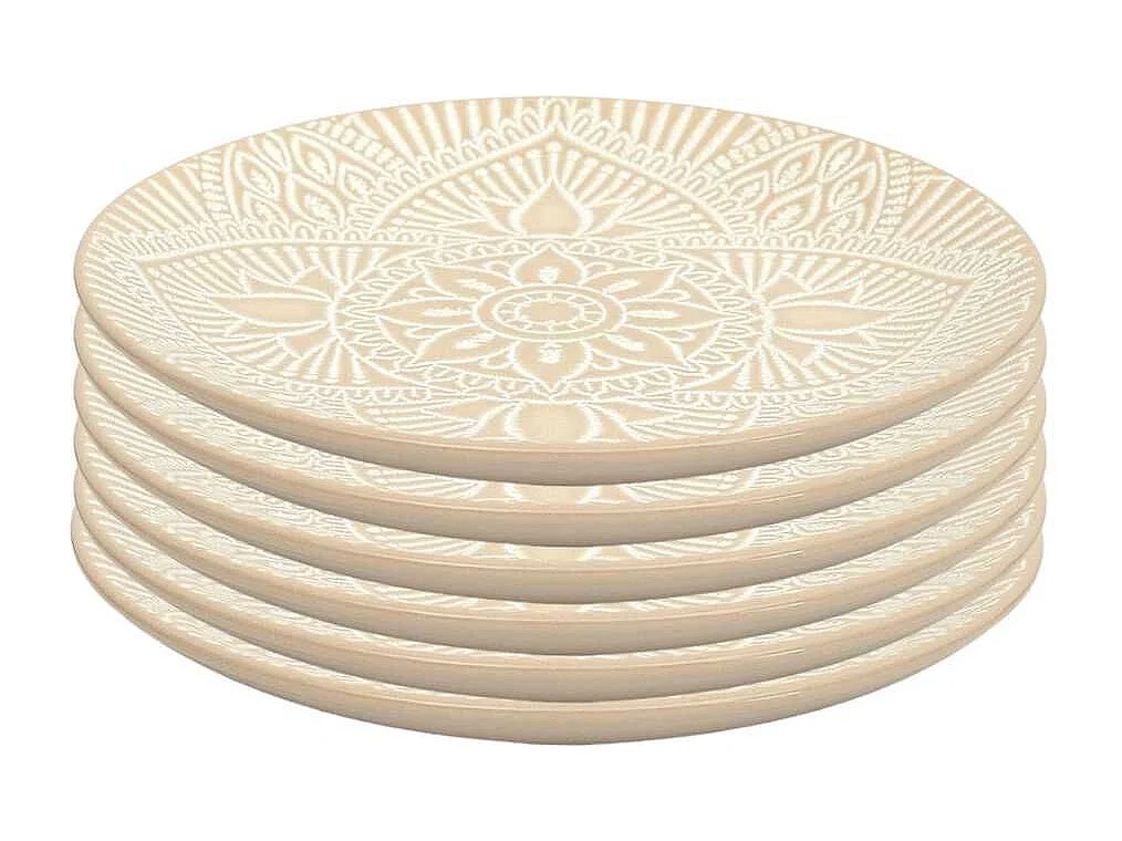 Set de 6 assiettes à dessert en céramique beige motif mandala (Ø19,5 cm) - AKKA