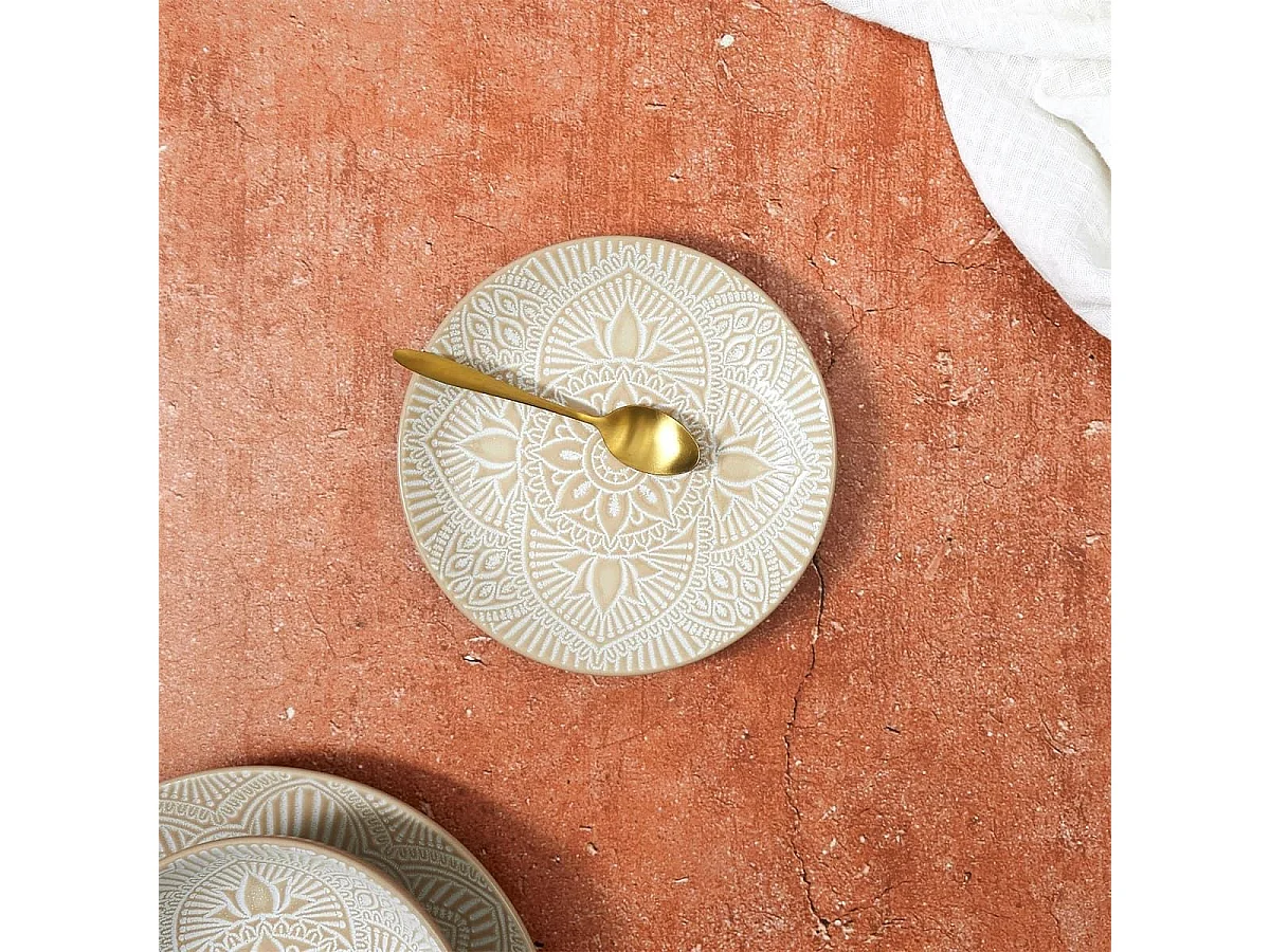 Set de 6 assiettes à dessert en céramique beige motif mandala (Ø19,5 cm) - AKKA